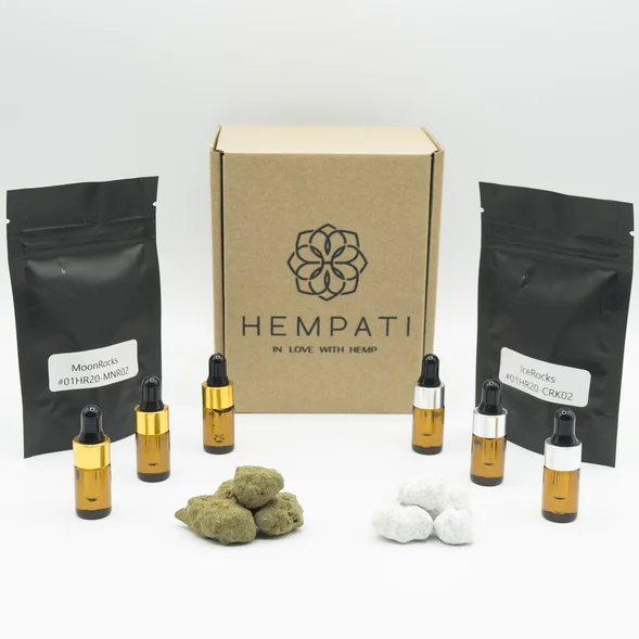 Amostras gratuitas de CBD - Hempati PLUS com óleo CBD de espectro completo, CBD Moon Rock e CBD Ice Rock