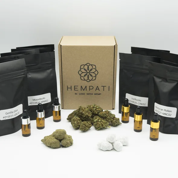 Amostras gratuitas de CBD - Hempati SMART com flor de CBD, haxixe de CBD, óleo CBD de espectro completo, CBD Moon Rock e CBD Ice Rock